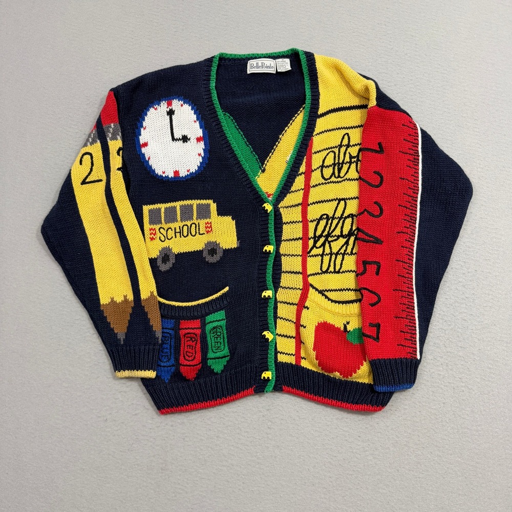 Vintage BellePointe Cardigan Medium Navy Back to School Teacher Novelty Sweater